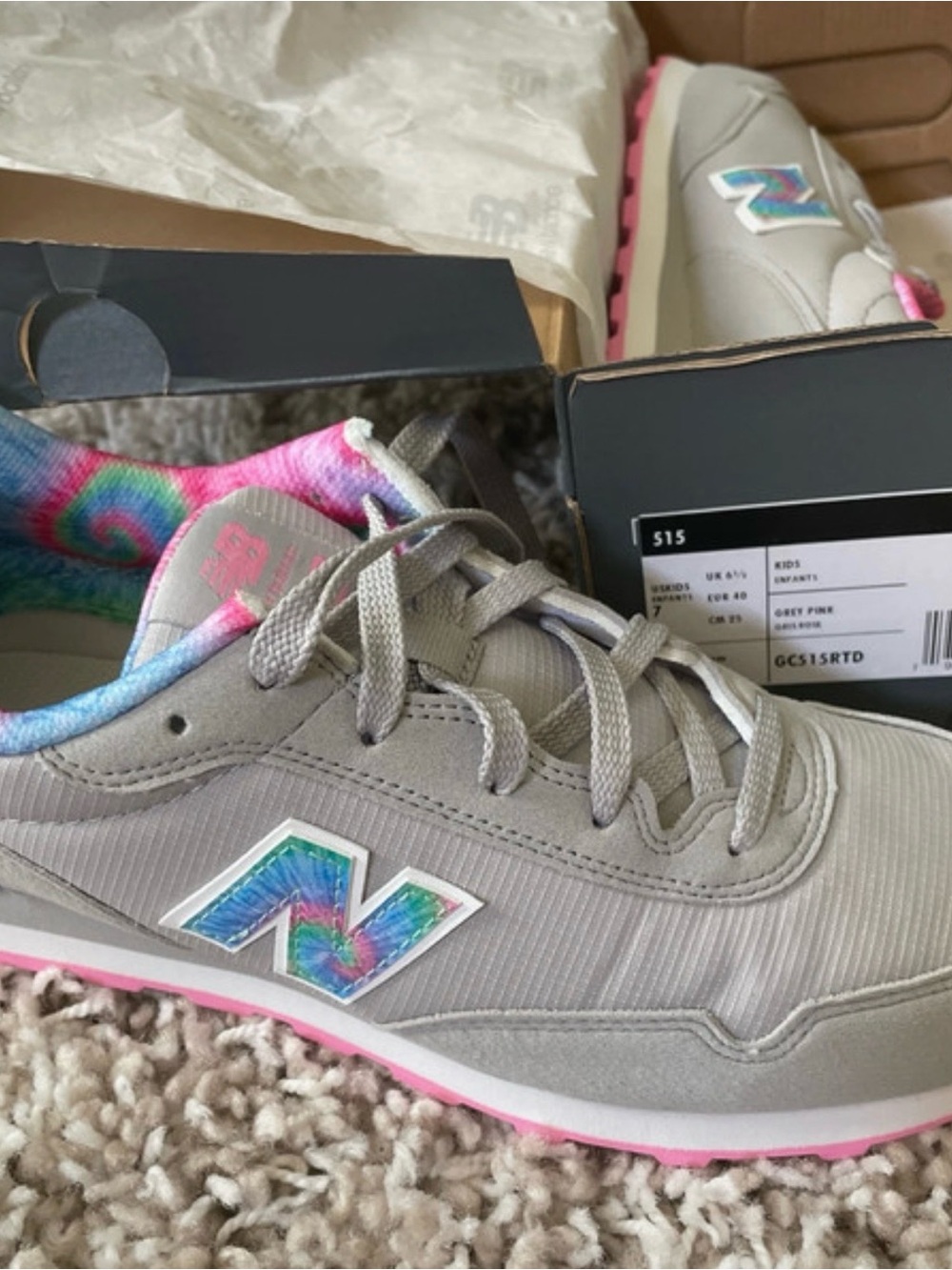 New Balance Kids Gray Sneakers with Pink and Tie-Dye Accents
